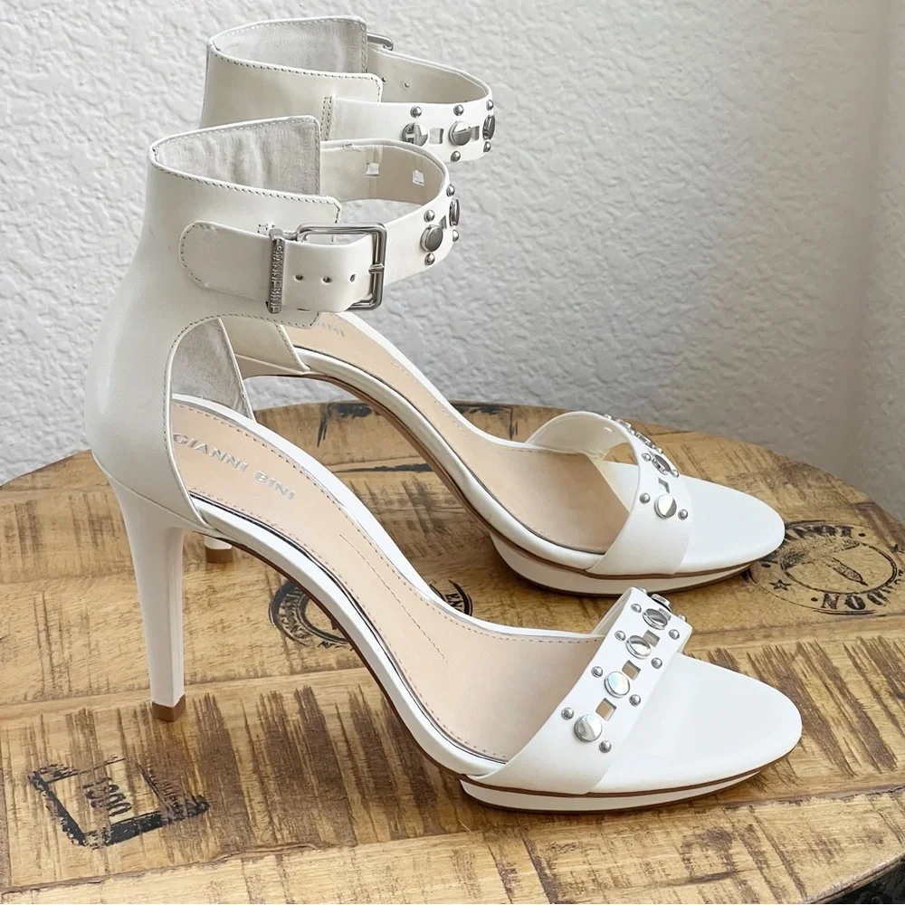 Gianni Bini Shawnell Leather Studded Ankle Strap Platform Stiletto Heels 10 M